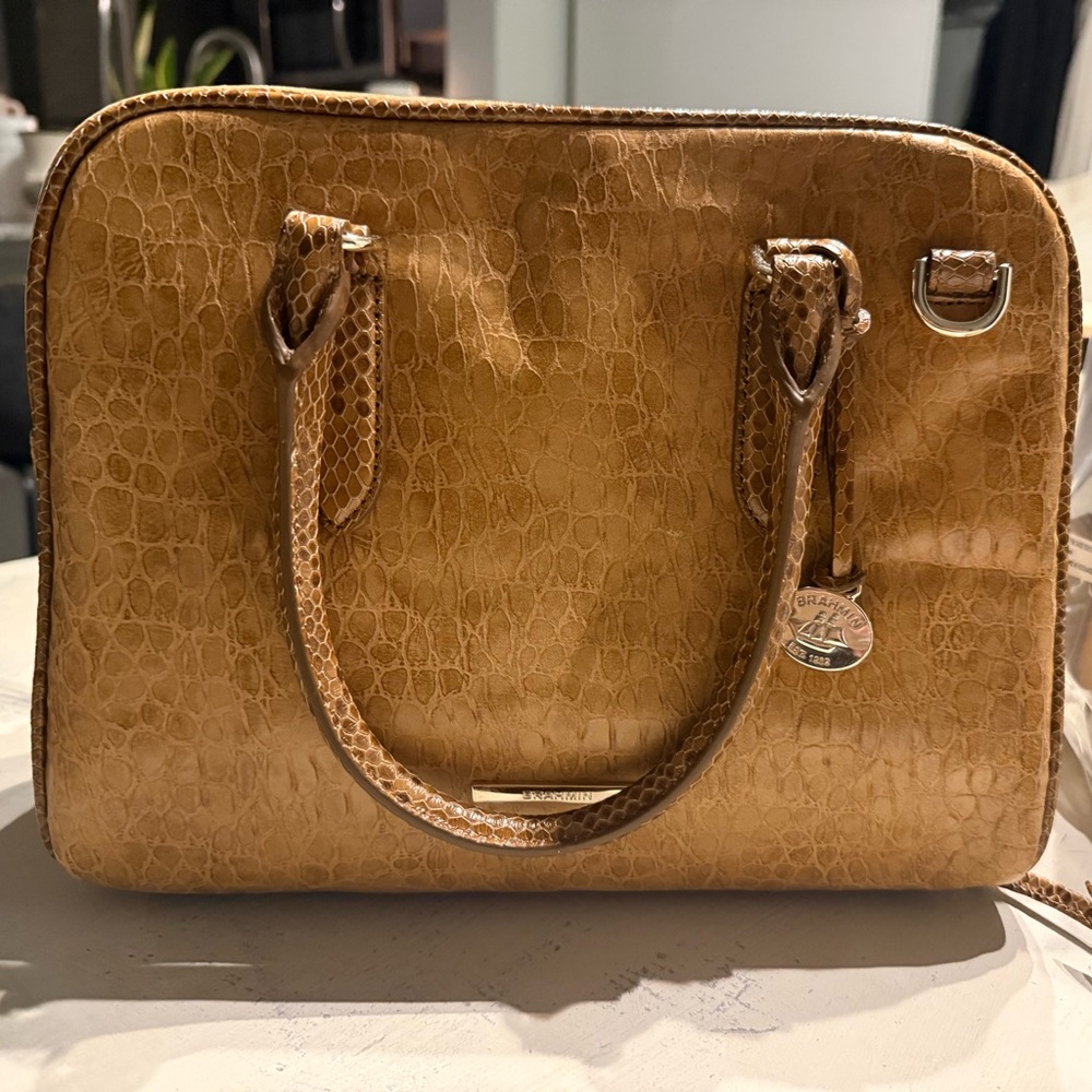 Leather Croc-Embossed Satchel Bag - Tan